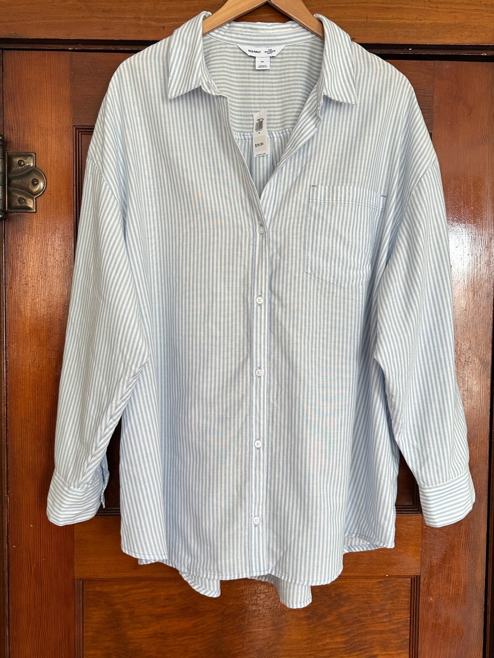 New Old Navy White Blue Stripes Oversized Button-Down Boyfriend Shirt Size XL